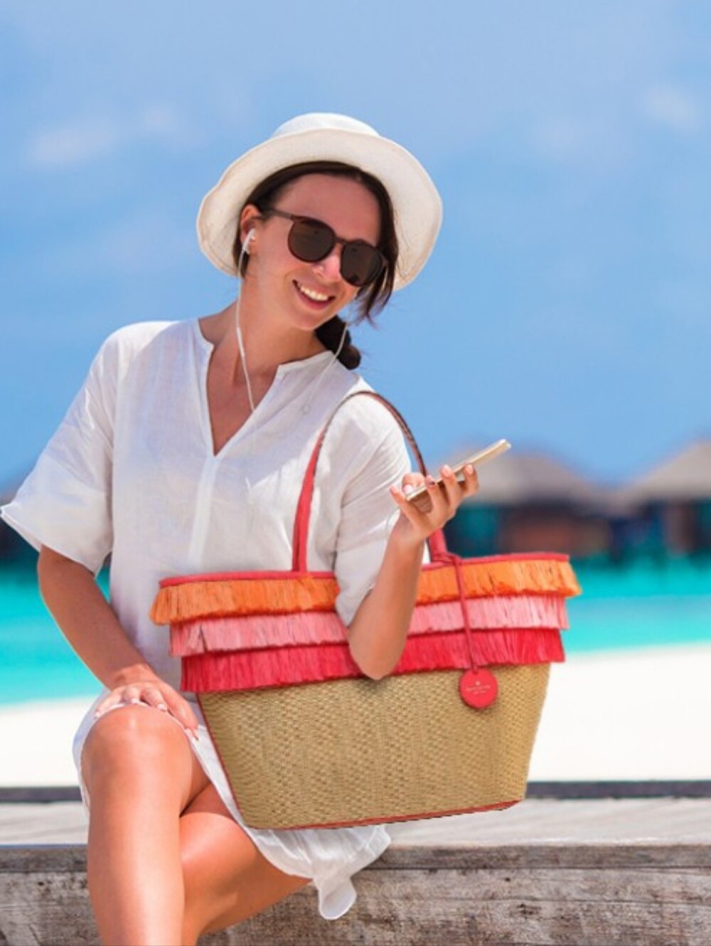 Kate Spade-Anabetta Fringed Straw Tote Bag🩷♥️🧡